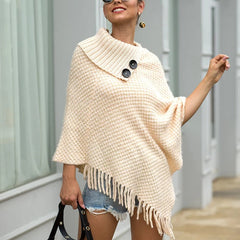 Tassel Fringed Cloak Shawl Button Collar Pullover Sweater Cape