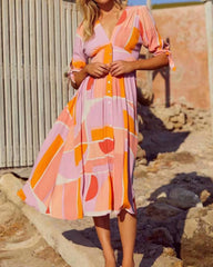 V-neck Single-breasted Floral Elastic Waist Midi Dresses