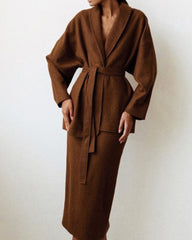 Woolen Lace-up Blazers Outerwear Skirt Midi Dresses Two-piece Set