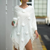 Tassel Fringed Pullover V-neck Collar Pompom Sweater Cloak Shawl Cape