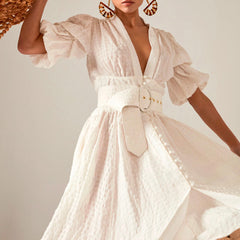 White Retro Palace V-neck Single-breasted Party Maxi Dresses