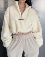 Zipper High Collar Lambswool Drawstring Crops Tops Sweatshirts