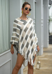 Tassel Fringed Pullover V-neck Collar Plaid Sweater Cloak Shawl Cape