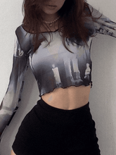 Cropped Flare Cuffs Mesh Blouse