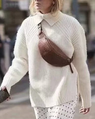 Slit Hem Knit Pile Collar High Low Sweaters