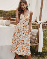 V-neck Suspenders Single-breasted Printed Maxi Dress