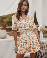 V-neck Single-breasted Printed Jumpsuit Short Sleeve Rompers