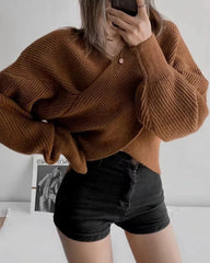 Vintage V-neck Batwing Sleeve Cross Design Knit Sweaters