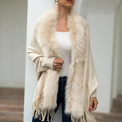 Tassel Fringed Cloak Shawl Fur Collar Sweater Cape Cardigans