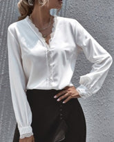 V-neck Lace Lantern Sleeve Single-breasted Shirts Blouses
