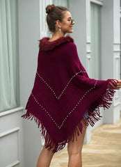 Tassel Fringed Pullover Bead Fur Collar Sweater Cloak Shawl Cape