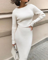 Splicing Elastic Waist Bodycon Sweater Dresses Crop Tops Skirt Two-piece