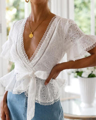 Vintage V-neck Hollow-out Lace Blouses Crop Tops