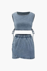 Denim Side Tie Tank Top And Wrap Mini Skirt Set