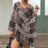 Tassel Fringed Pullover V-neck Diagonal Stripes Sweater Cloak Shawl Cape