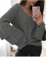 V-neck Flared Sleeve Sweater Tops