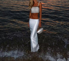 Abby Beaded Pearl Crop Top with White Silk Skirt