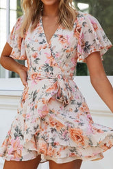 Swingy Ruffle Sleeve Floral Printed Beach Mini Wrap Dress