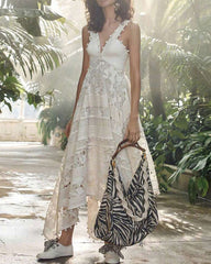 White Hollow Lace Embroidery Ball Tassel Stitching Irregular Strap Floral Maxi Dresses