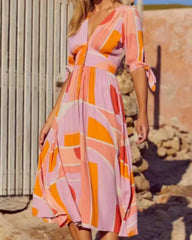 V-neck Single-breasted Floral Elastic Waist Midi Dresses