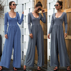 U-neck Sexy Wide-leg Long-sleeved Striped Jumpsuit