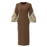 Personalized patchwork contrasting color puffy sleeves slim fit knitted dress for women