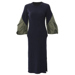 Personalized patchwork contrasting color puffy sleeves slim fit knitted dress for women