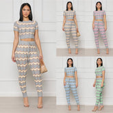 Women's Spring Color Matching Woolen Suit Wave Pattern Tight Knit Two-Piece Set