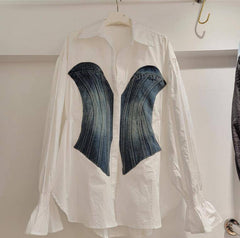 Colorblock Patchwork Denim Blouses For Women Lapel Long Sleeve Spliced Single Breasted Blouse Female Fashion New