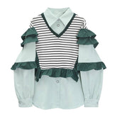 Women's Shirt Chic Vintage Blouses Casual Polo-Neck Long Sleeve Loose Female Striped Patchwork Blouses Fake Two Pieces
