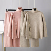 Small Design Stand Collar Split Knit High Neck Sweater Women's Winter Warm Casual Wide Leg Pants Two-Piece Set