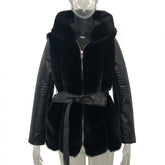 New faux fur jacket for women with belt and hood, solid color zippered jacket jacket