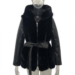 New faux fur jacket for women with belt and hood, solid color zippered jacket jacket