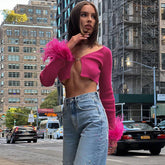 Autumn New Women's Fashion Wool Sleeves Sexy V-Neck Short Open Umbilical Slim T-Shirt