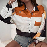 Donna Long Sleeve Brush Print Colorblock Blouse