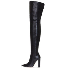 Soild Genuine Leather Pointed Toe Round Heel Over The Knee Boots with Side Zipper