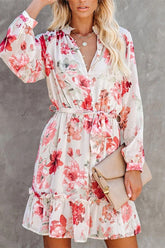 O Neck Floral Printed Long-sleeved Mini Dress