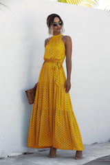 Yellow Wave Bohemian Boho Printed Hanging Neck Straps Maxi Dresses