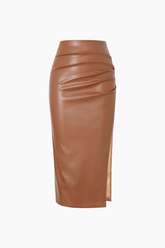 Faux Leather Ruched Slit Midi Skirt