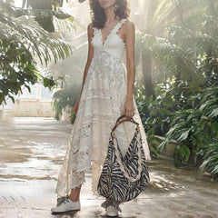 White Hollow Lace Embroidery Ball Tassel Stitching Irregular Strap Floral Maxi Dresses