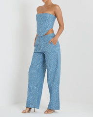 Hilda Sequin Destroyed Zipper Tube Top And High Waist Straight Leg Pants Set