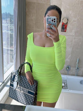 Andrea Long Sleeve Square Neck Ruched Mini Dress