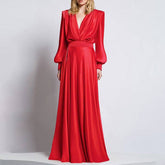 Stefani V Neck Puff Sleeve Satin Maxi Dress