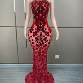 Robynn Strapless Red Sequins Transparent Maxi Dress
