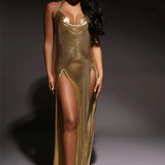 Grace Strappy Sleeveless Chain Metallic Slit Maxi Dress