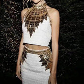 Anna Sleeveless Mock Neck Golden Sequin Knitted Mini Dress