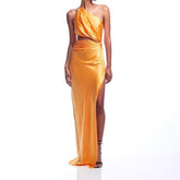 Barbara Asymmetrical Neck Side Slit Satin Maxi Dress