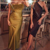 Cristy Spaghetti Dress Faux Fur Satin Maxi Dress