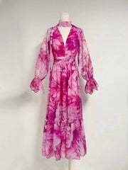 Etienne V Neck Lantern Sleeve Colorblock Floral Maxi Dress