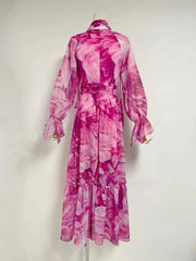 Etienne V Neck Lantern Sleeve Colorblock Floral Maxi Dress
